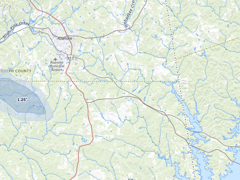 NEXRAD radar-signature map of the hail storm over Roanoke, AL on Aug 14, 2026