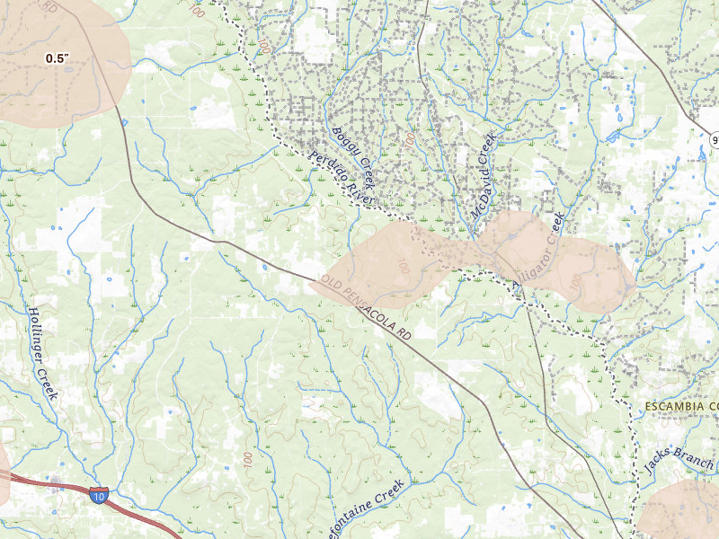 Radar-estimated hail-size map of the storm over Robertsdale, AL on Jun 30, 2026