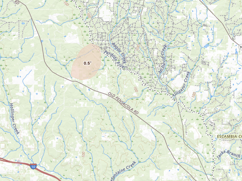 Radar-estimated hail-size map of the storm over Robertsdale, AL on Jul 7, 2026