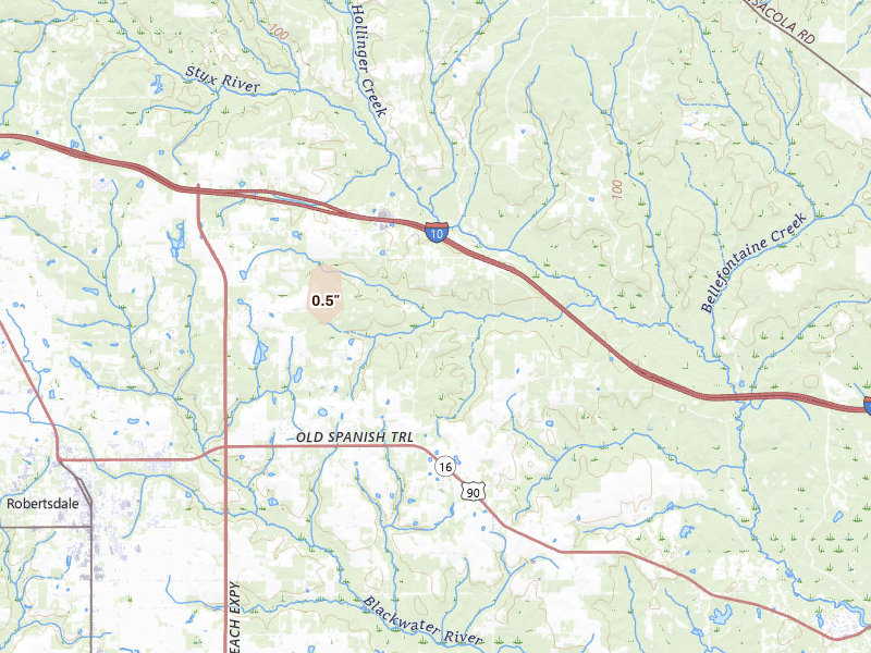 Radar-estimated hail-size map of the storm over Robertsdale, AL on Aug 15, 2026