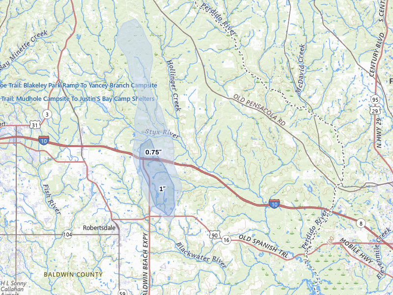 NEXRAD radar-signature map of the hail storm over Robertsdale, AL on Aug 15, 2026