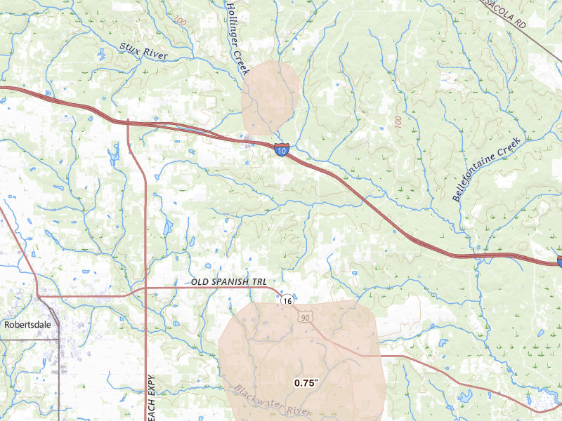 Radar-estimated hail-size map of the storm over Robertsdale, AL on Aug 16, 2026
