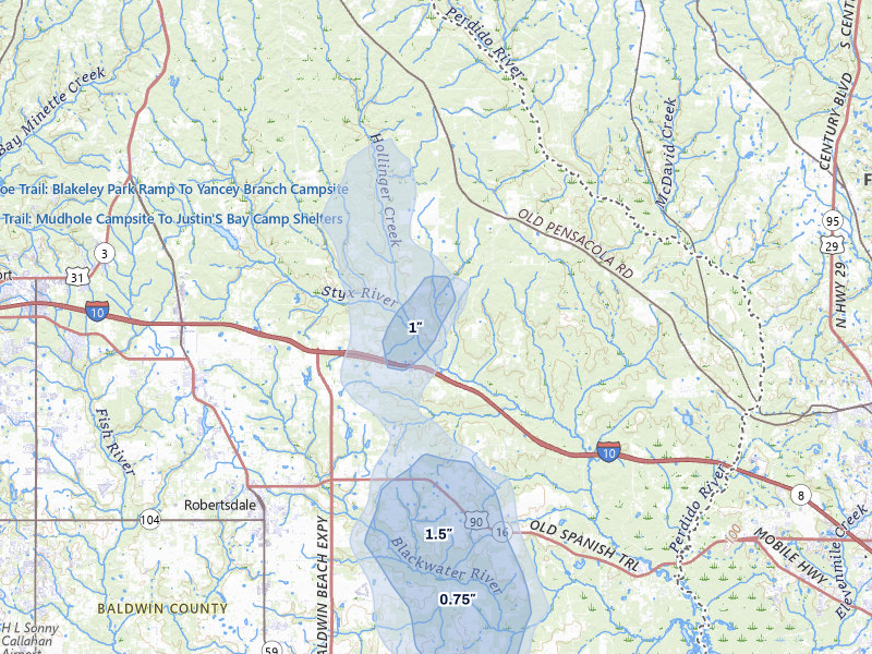 NEXRAD radar-signature map of the hail storm over Robertsdale, AL on Aug 16, 2026