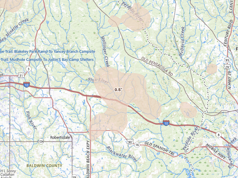 Radar-estimated hail-size map of the storm over Robertsdale, AL on Aug 20, 2026