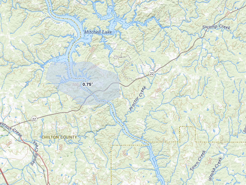 NEXRAD radar-signature map of the hail over Rockford, AL
