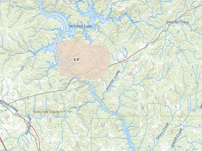 Radar-estimated hail-size map of the storm over Rockford, AL on Jul 1, 2026