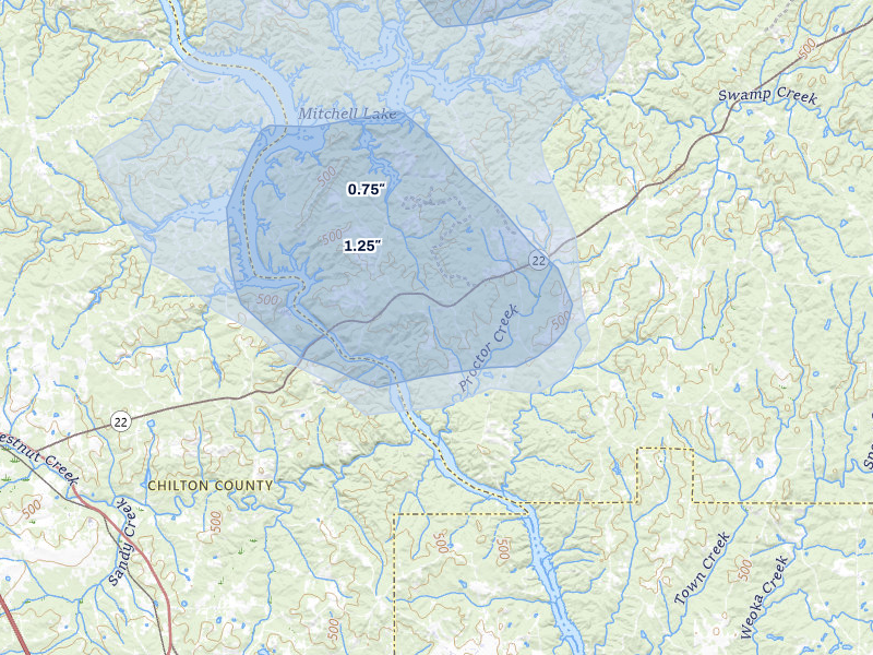 NEXRAD radar-signature map of the hail storm over Rockford, AL on Jul 1, 2026
