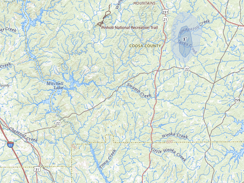 NEXRAD radar-signature map of the hail storm over Rockford, AL on Jul 5, 2026