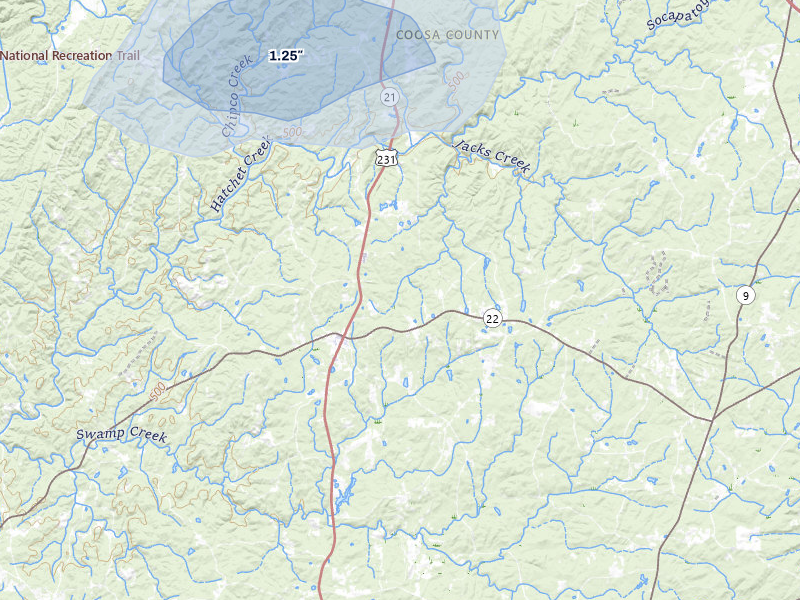 NEXRAD radar-signature map of the hail storm over Rockford, AL on Jul 9, 2026