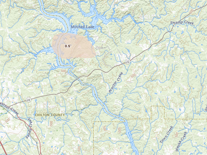 Radar-estimated hail-size map of the storm over Rockford, AL on Aug 20, 2026