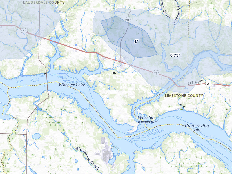 NEXRAD radar-signature map of the hail storm over Rogersville, AL on Aug 12, 2026