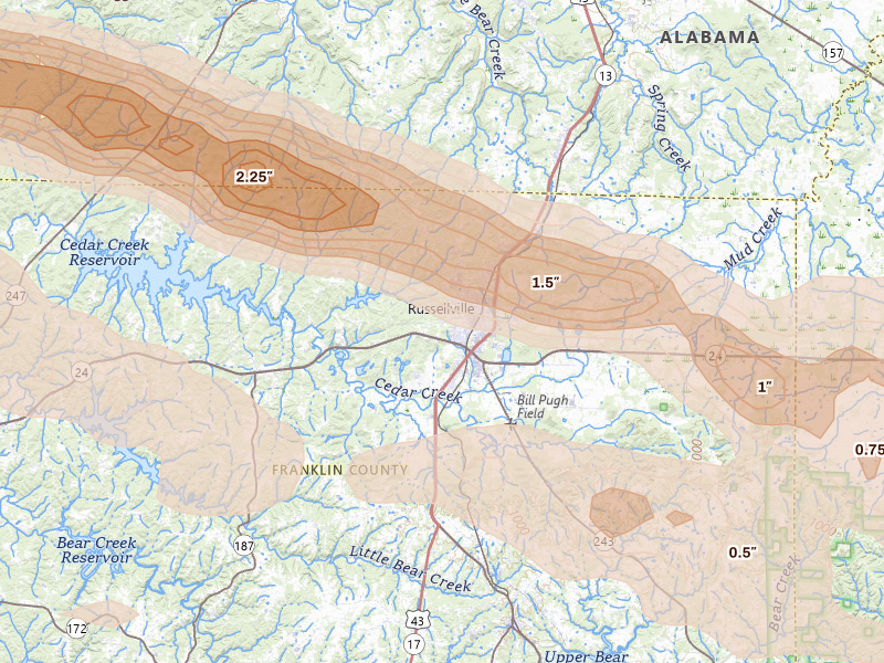 Radar-estimated hail-size map of the storm over Russellville, AL on Feb 26, 2026