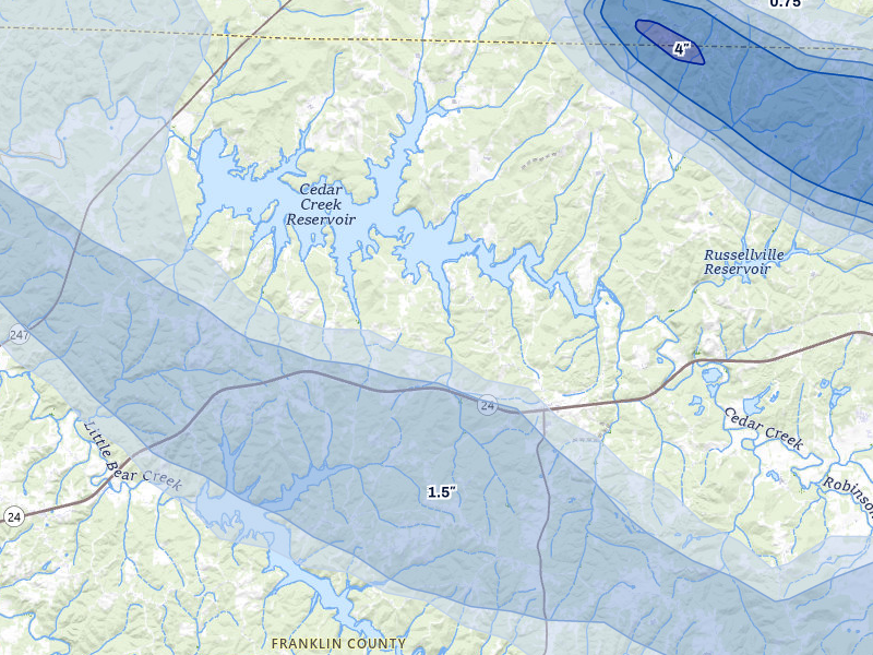 NEXRAD radar-signature map of the hail over Russellville, AL