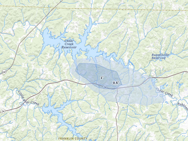 NEXRAD radar-signature map of the hail over Russellville, AL