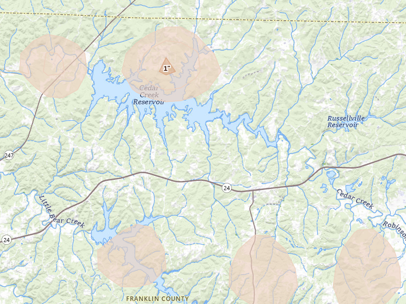 Radar-estimated hail-size map of the storm over Russellville, AL on Apr 28, 2026
