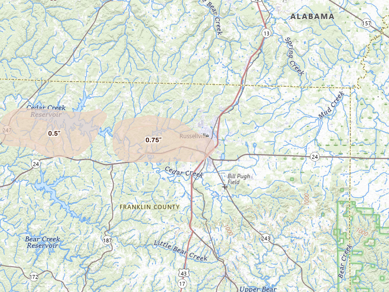 Radar-estimated hail-size map of the storm over Russellville, AL