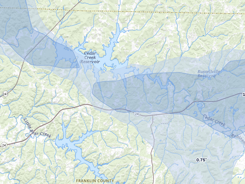 NEXRAD radar-signature map of the hail storm over Russellville, AL on Jul 1, 2026