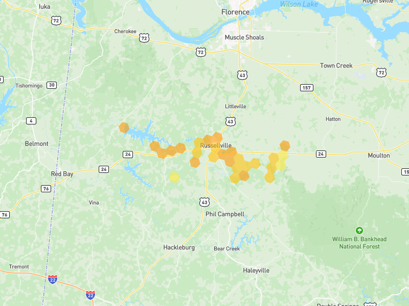 Hail map of Russellville, AL on Jul 1, 2026, hail up to 1.25"