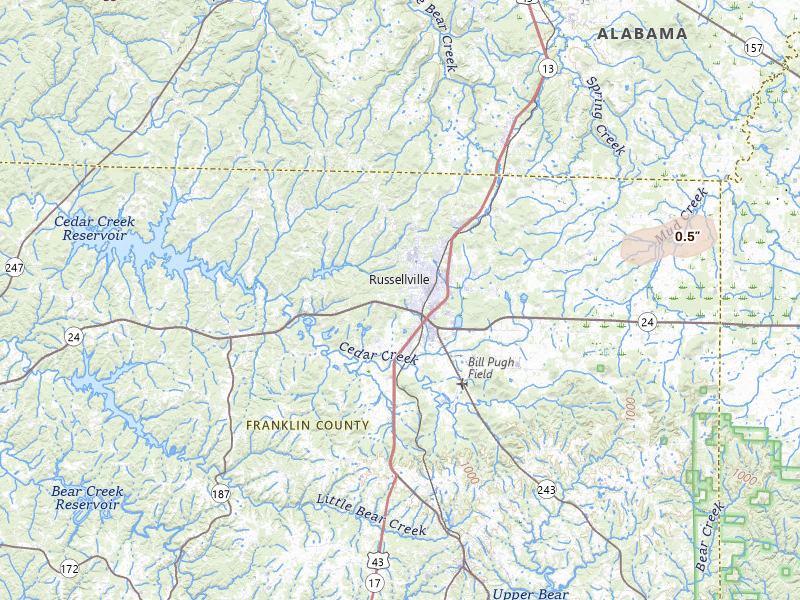 Radar-estimated hail-size map of the storm over Russellville, AL on Jul 7, 2026