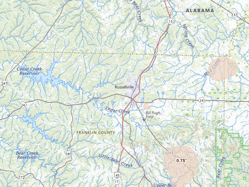 Radar-estimated hail-size map of the storm over Russellville, AL on Jul 19, 2026