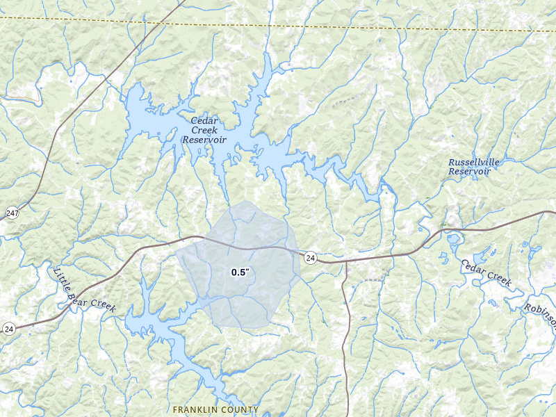 NEXRAD radar-signature map of the hail storm over Russellville, AL on Jul 25, 2026