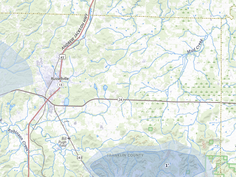 NEXRAD radar-signature map of the hail storm over Russellville, AL on Aug 17, 2026