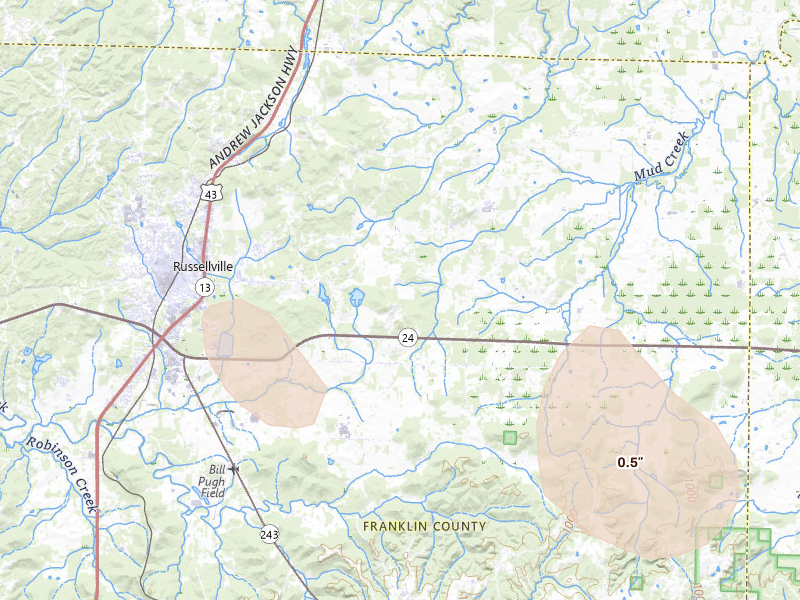 Radar-estimated hail-size map of the storm over Russellville, AL on Aug 22, 2026