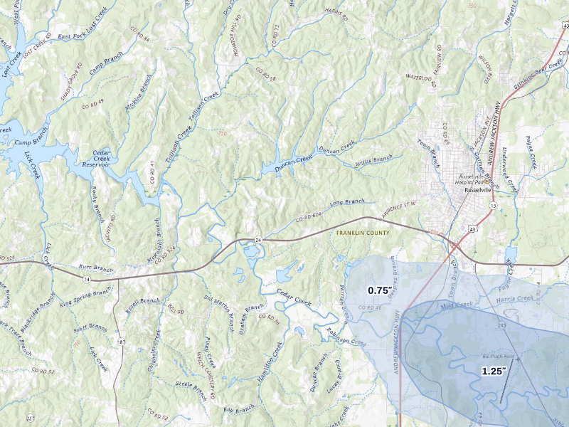 NEXRAD radar-signature map of the hail storm over Russellville, AL on Aug 26, 2026