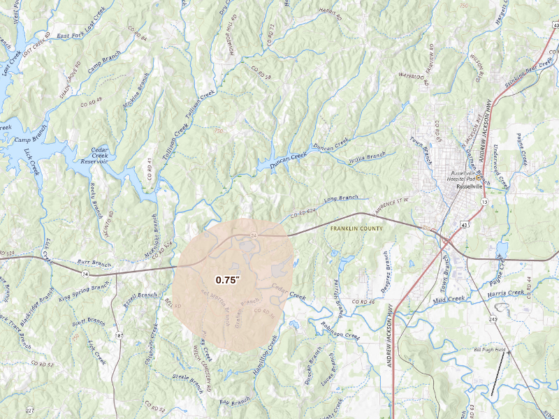 Radar-estimated hail-size map of the storm over Russellville, AL