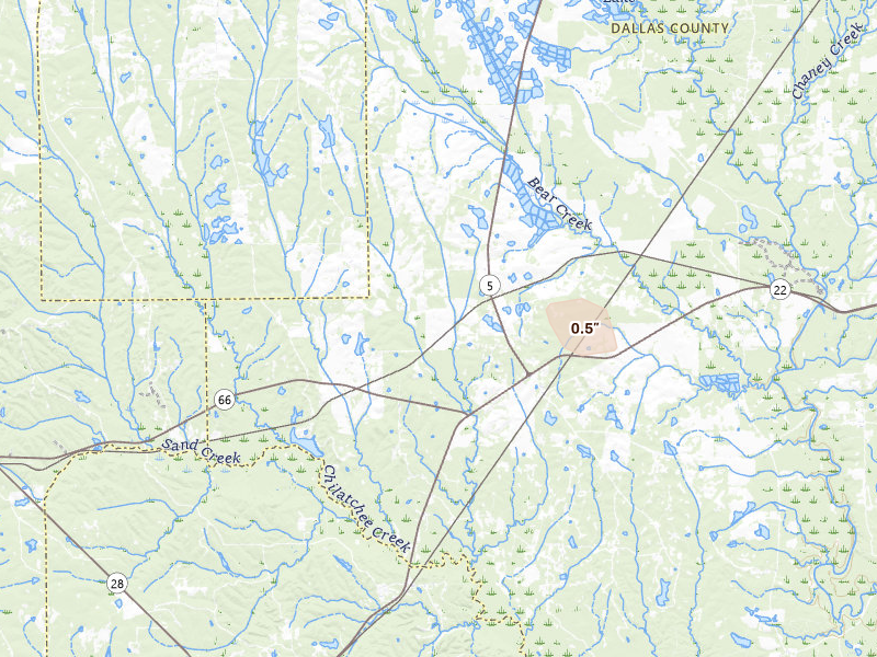 Radar-estimated hail-size map of the storm over Safford, AL on Aug 18, 2026