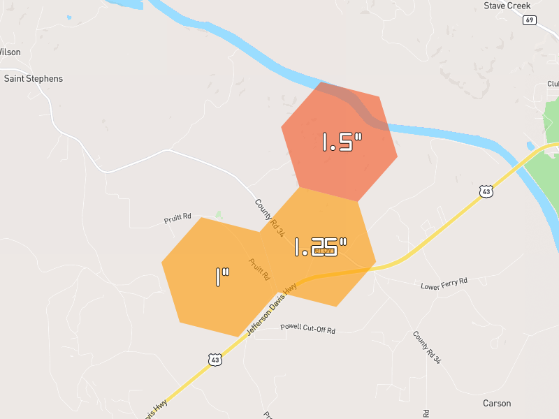 Hail map of Saint Stephens, AL on Jun 2, 2026, hail up to 1.5"