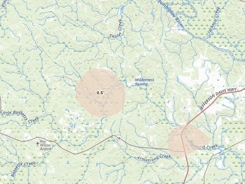Radar-estimated hail-size map of the storm over Saint Stephens, AL on Aug 21, 2026