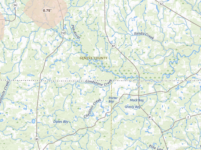 Radar-estimated hail-size map of the storm over Samson, AL on May 7, 2026