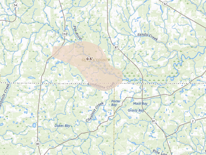 Radar-estimated hail-size map of the storm over Samson, AL on Jun 30, 2026