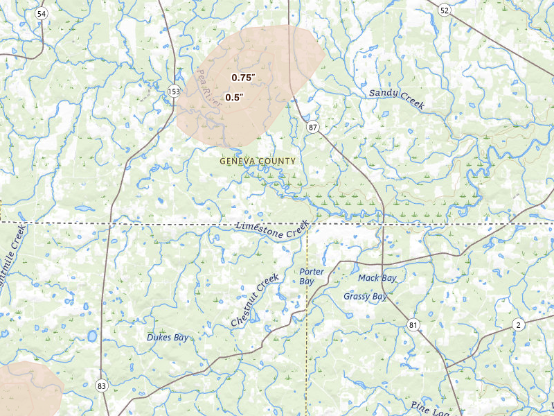 Radar-estimated hail-size map of the storm over Samson, AL on Jul 10, 2026