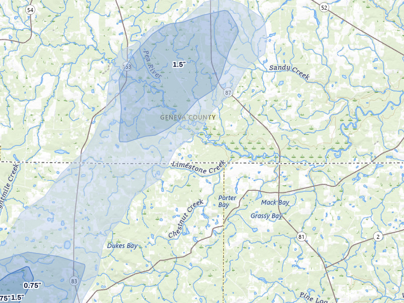 NEXRAD radar-signature map of the hail storm over Samson, AL on Jul 10, 2026