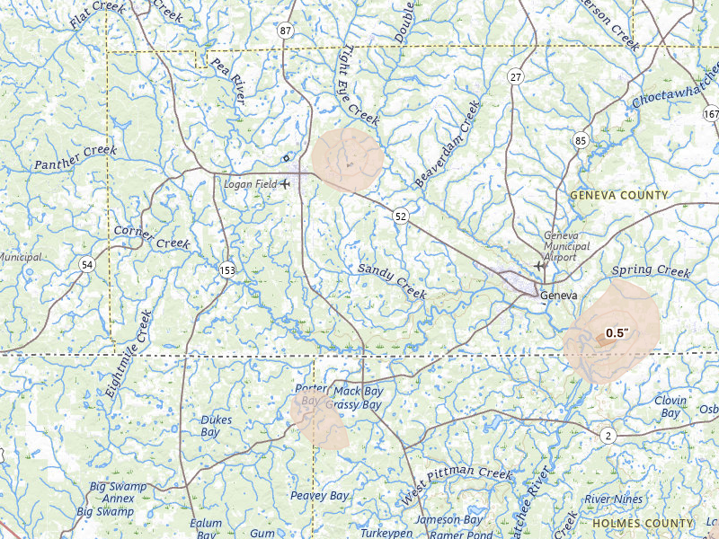 Radar-estimated hail-size map of the storm over Samson, AL on Aug 18, 2026