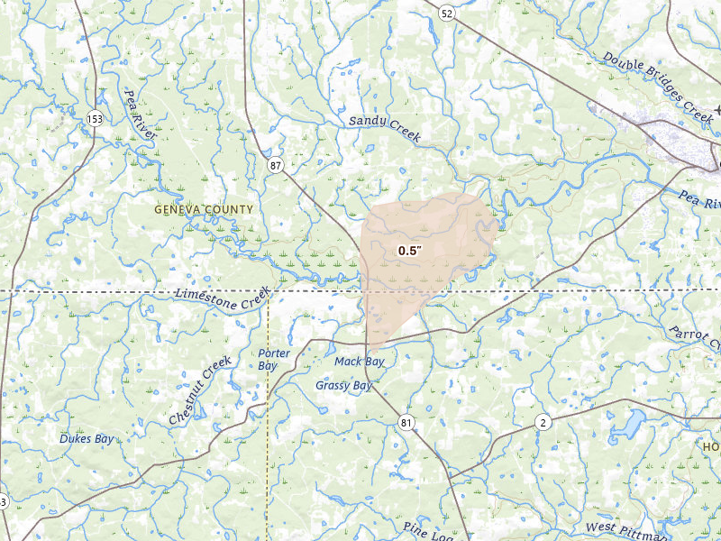 Radar-estimated hail-size map of the storm over Samson, AL on Aug 25, 2026