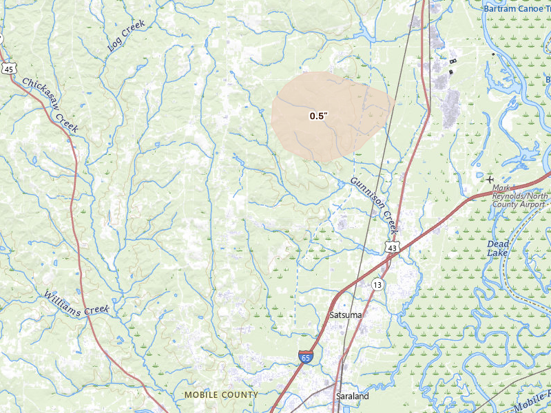 Radar-estimated hail-size map of the storm over Saraland, AL on Feb 21, 2026