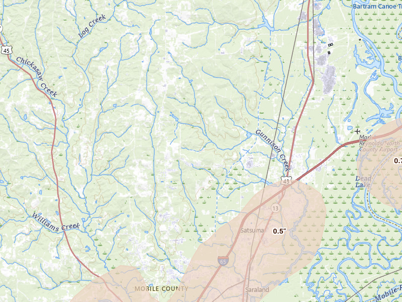 Radar-estimated hail-size map of the storm over Saraland, AL on Mar 15, 2026