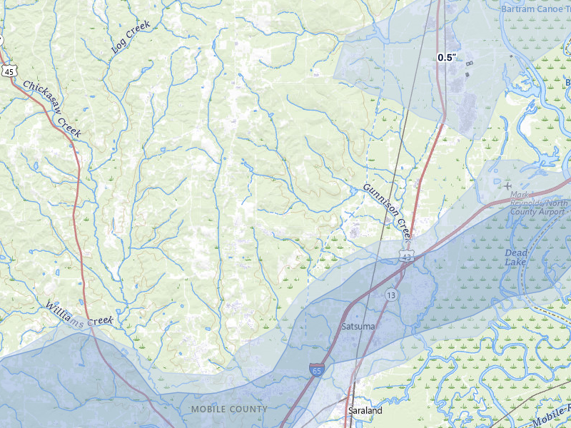 NEXRAD radar-signature map of the hail over Saraland, AL
