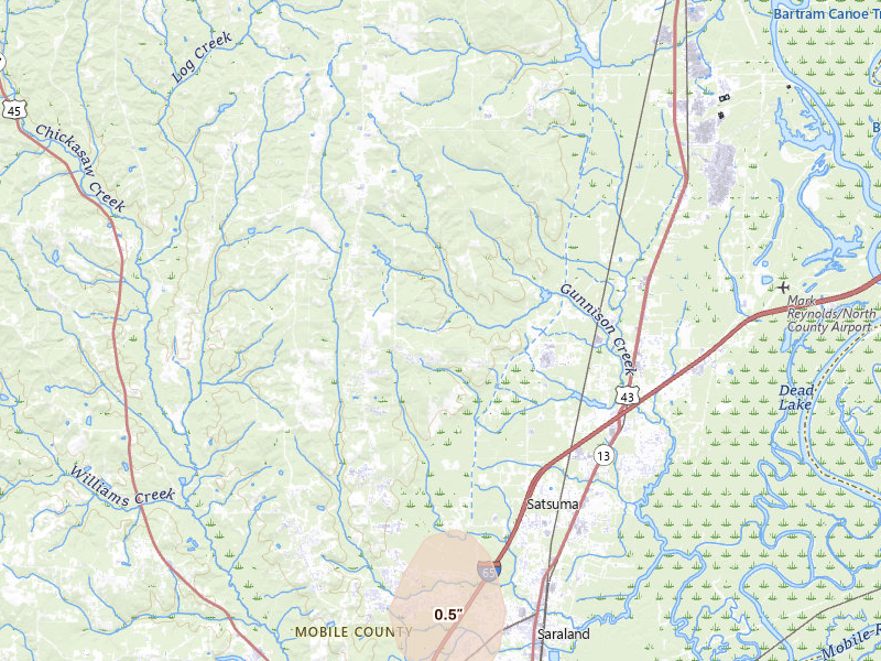 Radar-estimated hail-size map of the storm over Saraland, AL on Jul 31, 2026