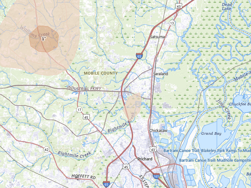 Radar-estimated hail-size map of the storm over Saraland, AL on Aug 17, 2026