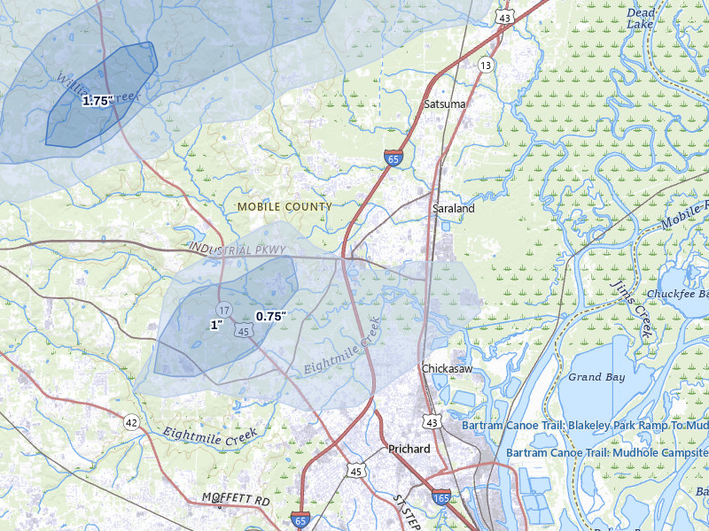 NEXRAD radar-signature map of the hail storm over Saraland, AL on Aug 17, 2026