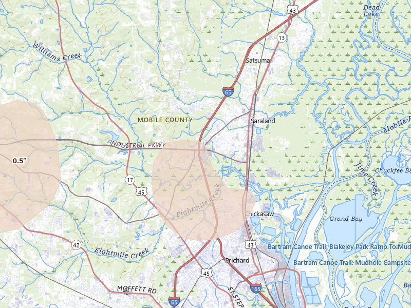 Radar-estimated hail-size map of the storm over Saraland, AL on Aug 24, 2026