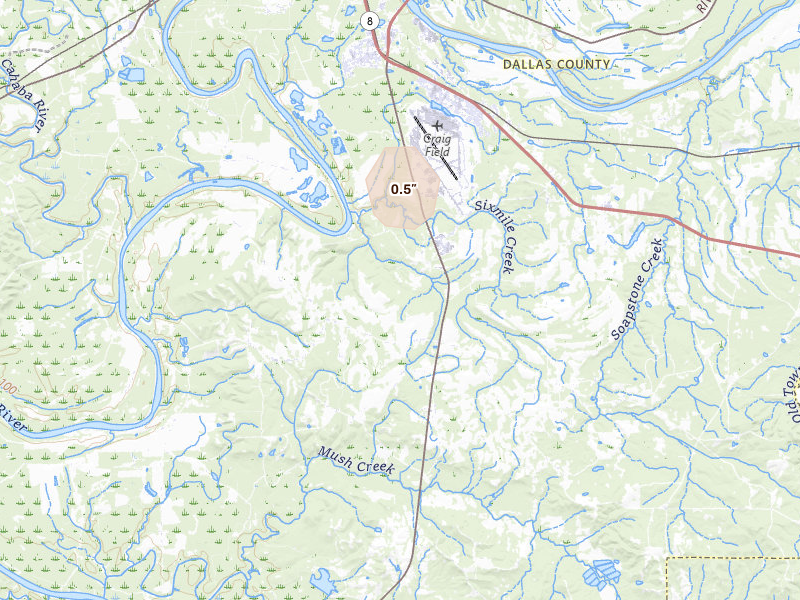 Radar-estimated hail-size map of the storm over Sardis, AL on Jul 18, 2026