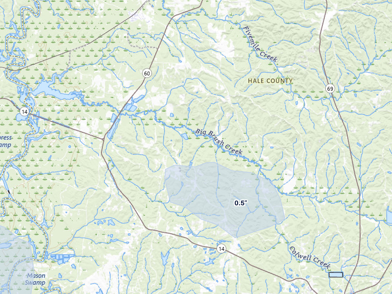 NEXRAD radar-signature map of the hail over Sawyerville, AL