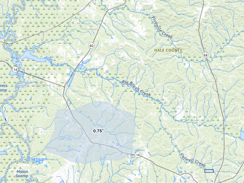 NEXRAD radar-signature map of the hail over Sawyerville, AL