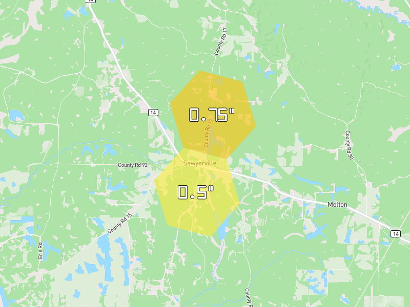 Hail map of Sawyerville, AL on Jul 1, 2026, hail up to 0.75"