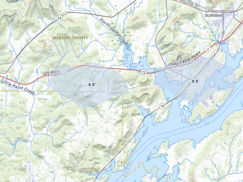 NEXRAD radar-signature map of the hail over Scottsboro, AL
